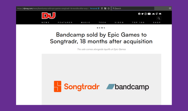 Screenshot of an article from djmag.com announcing Bandcamp's acquisition by Songtradr.